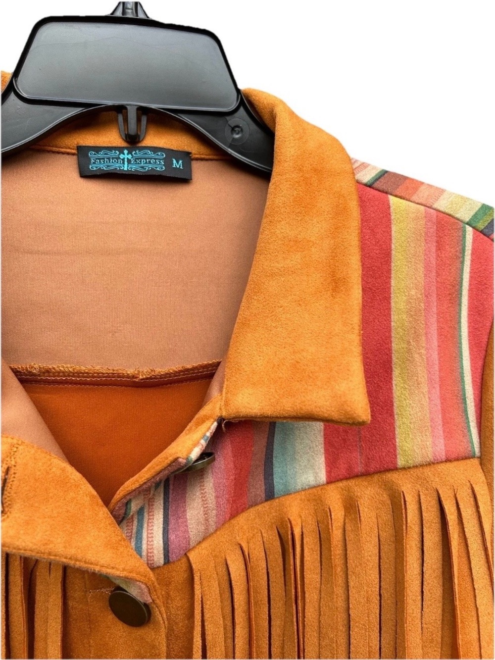 Fringed Suede (Like) Western Jacket in Tan with Multicolor Yoke Fashion Express - Picture 3 of 14